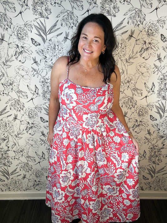red chinoise floral sun dress VELVET HEART