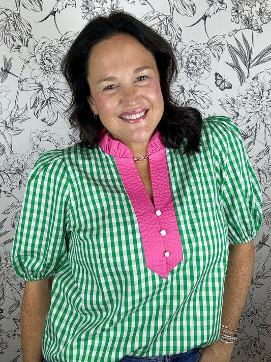 green gingham blouse with hot pin ENTRO