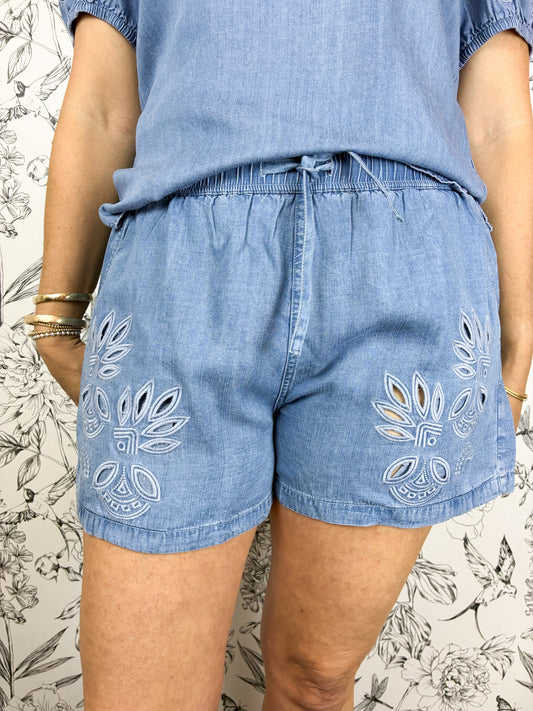blue laser cut tencel shorts ELAN