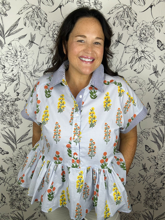 light blue block print top with seersucker stripe trim SHE & SKY