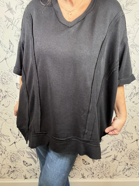 black curvy raw edge knit top SHE & SKY
