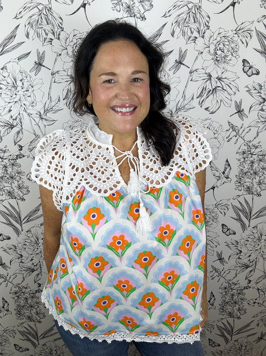 blue/orange/pink block print lace tank ENTRO