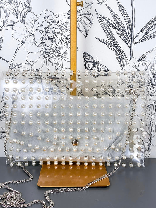 Pearl Studded Envelope Game Day Bag Silver chain, Stadium Approved