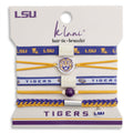 A 5-piece LSU Tigers hair tie and bracelet set by K'lan'i, displayed on its original white retail backing card. The set includes blue and gold elastic bands, a gold elastic band, a white band with purple lettering, and a braided blue and gold bracelet, featuring team logos, a tiger emblem, and a silver-tone charm.