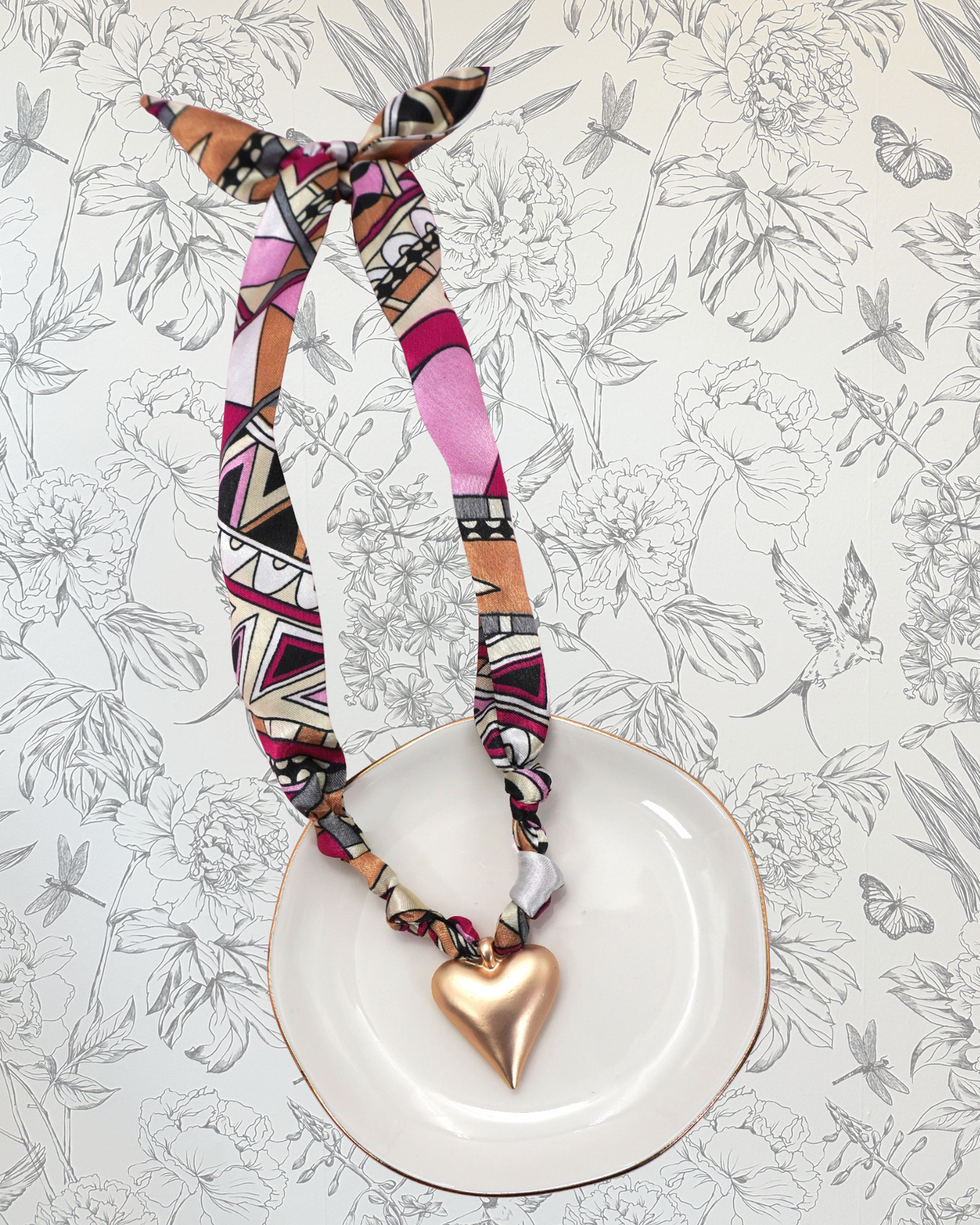 Heart Charm Pink Scarf Necklace