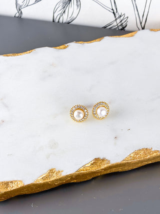 Round Halo Pearl and Cubic Zirconia Stud Earrings