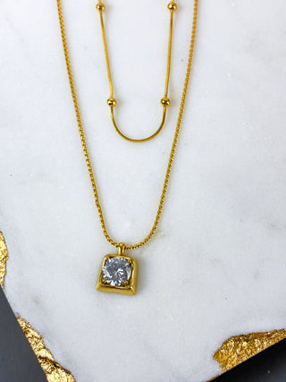 Double Strand CZ Square Necklace | 18K Gold