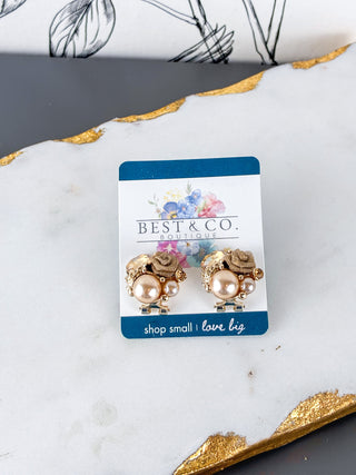 Frosted Winter Rose & Pearl Stud Earrings