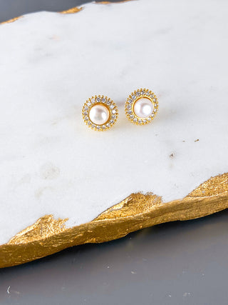 Round Halo Pearl and Cubic Zirconia Stud Earrings