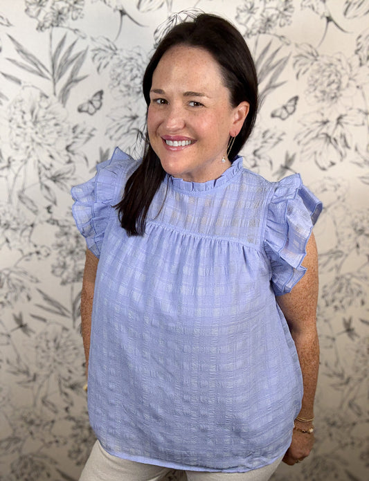 Columbia blue ruffle blouse UMGEE