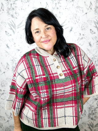 A Proper Christmas Blouse red green ivory tartan knit bouse, elbow length sleeves, half button front with  standing collar ENTRO