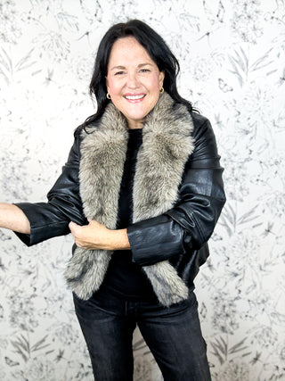 Aspen vegan leather and fur jacket, Kut from the Kloth, black vegan leather jacket with fur trim.