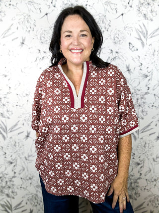 Autumn Jacquard Dolman Blouse, Rust and Ivory floral jacquard, UMGEE Curvy Only