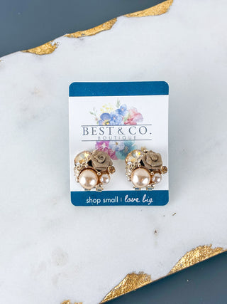 Frosted Winter Rose & Pearl Stud Earrings