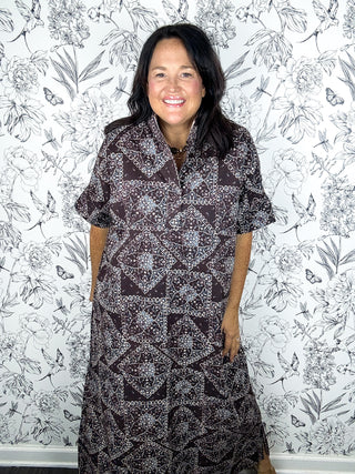 Bandana Trail Midi Dress, chocolate, light blue bandana trellis printed dress ENTRO