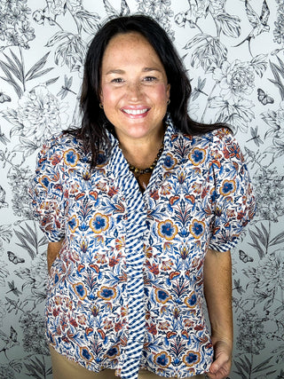 blue brown white gingham ruffle floral blouse ENTRO
