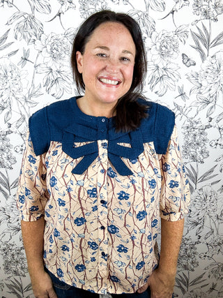 ivory, navy, brown floral button up blouse with boy VOY
