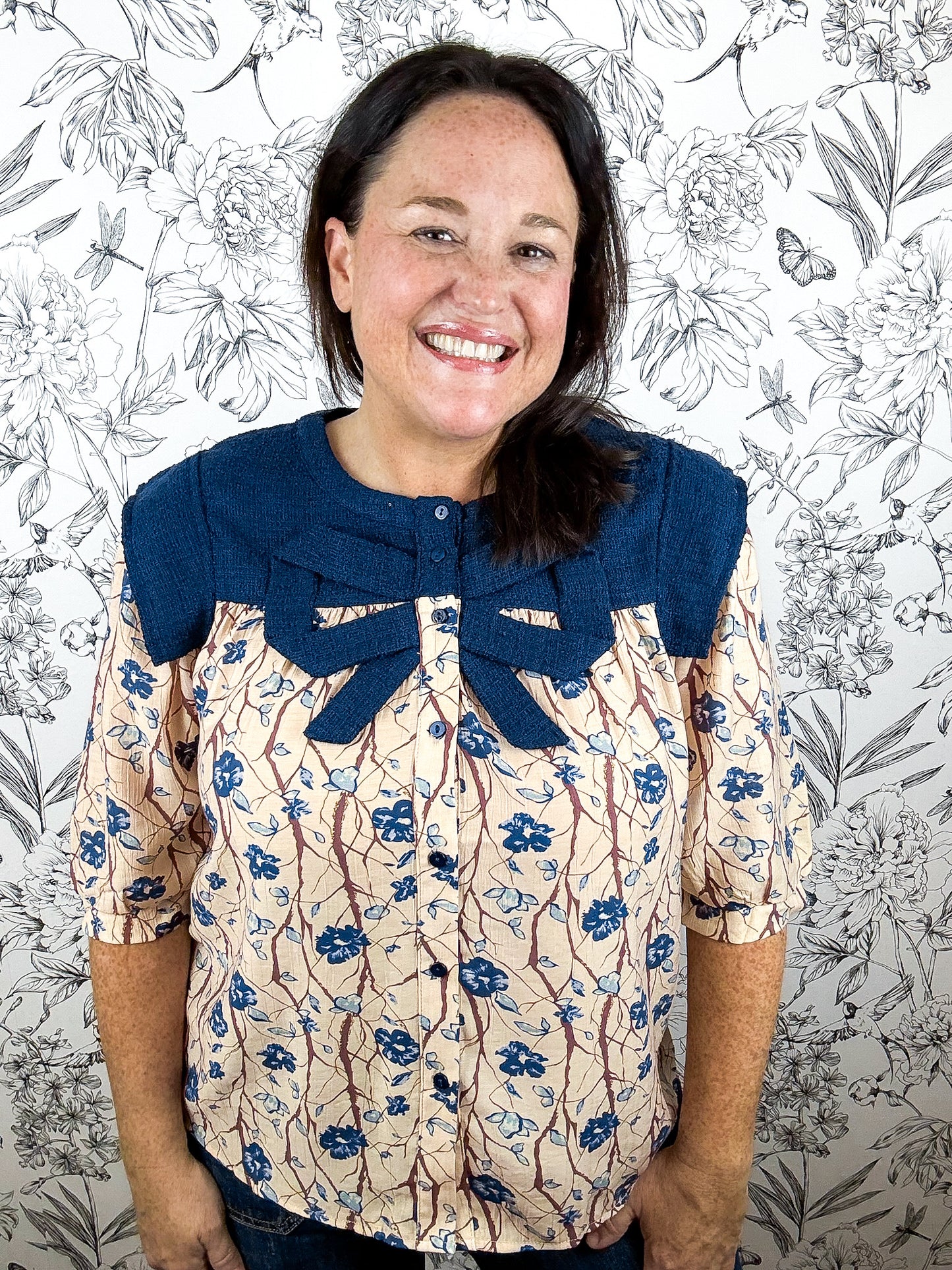 ivory, navy, brown floral button up blouse with boy VOY