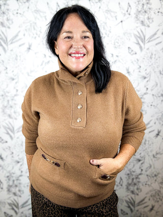 Bridle Path Knit Pullover, Camel color, button half way, mock neck, long sleeve, front patch pockets with horsebit detail, ENTRO
