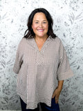 brown gingham V neck blouse in CURVY sizing only ENTRO