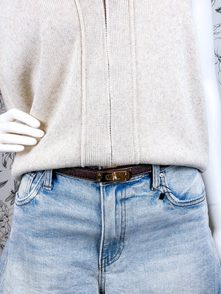Brown Signature Turnlock Vegan Leather Belt - Adjustable Gold Hardware
