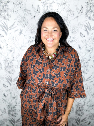 Brown Black butterfly floral adjustable waist blouse, elbow length sleeves, ENTRO