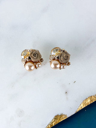 Frosted Winter Rose & Pearl Stud Earrings
