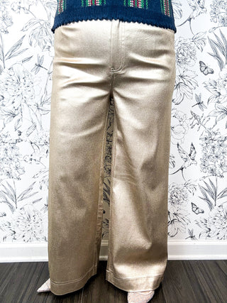 Champagne Toast Trousers, Metallic Gold High Rise, Full Length Holiday Trouser by ENTRO,