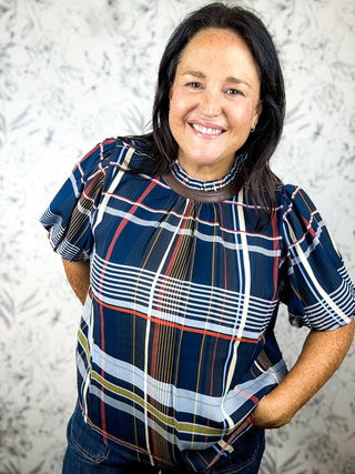 Check Mate Plaid Leathe Blouse THML Navy Fall