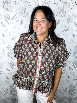 brown red green block print peplum blouse with gingham placket ENTRO