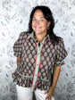 brown red green block print peplum blouse with gingham placket ENTRO