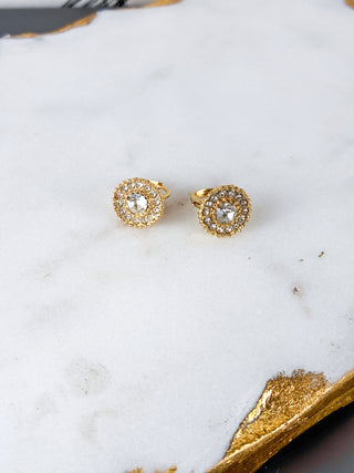 Circle Halo Hoops, Costume holiday jewelry, round CZ encircled by small gold and cz pave in with clasp back closure