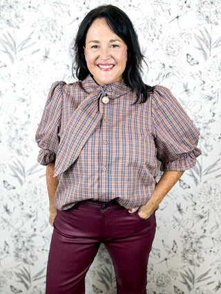 Country Roads Plaid Tie Blouse, ENTRO, brown, blue, burgundy and ivory plaid check pattern, short sleeve with slight puff and elastic ruffle at edge, mock tie at neck with pearl embellishment