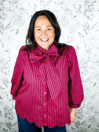 Cranberry Red and Brown Stripe Blouse with Scalloped Hem and bow tie neck ENTRO