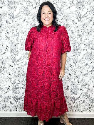 Crimson Lace Midi Dress by FATE, red floral lace layover crimson fabric, covered button front to under bust, elbow length slight puff sleeve, slight mandarin collar, midi length. HOLIDAY Edit 