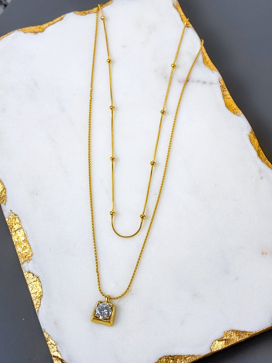 Double Strand CZ Square Necklace | 18K Gold