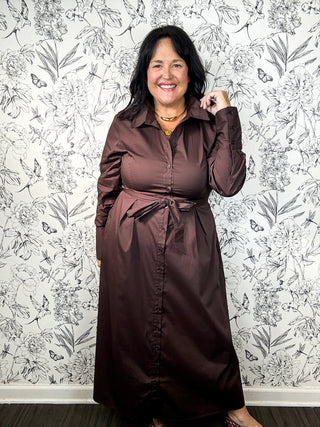 Espresso Shirt Style Midi Dress, Euro brand B. Young, Euro fit & sizing, runs small, consider sizing down, long sleeve, button front all the way, midi length, collared, removable sash belt, front pleats at waistline