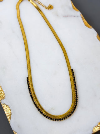 Fiona Black CZ Herringbone Necklace, Waterproof, 18K Gold, Mila & Stevie