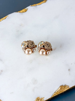 Frosted Winter Rose & Pearl Stud Earrings