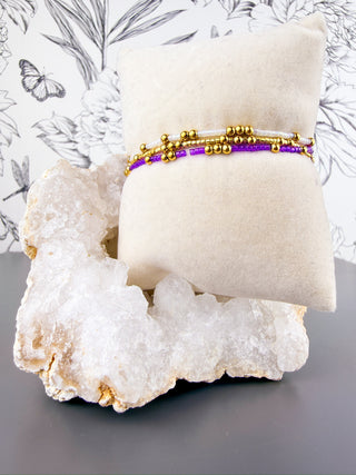 waterproof set of three game day lsu purple white gold beaded bracelet stacks