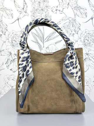 Gianna Suede hobo Olive small hobo satchel with leopard scarf, interior makeup bag, BC Bags
