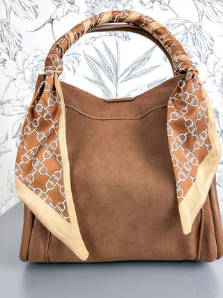 Gianna Vegan Suede Satchel with scarf on handle BC BAGS Chocolate