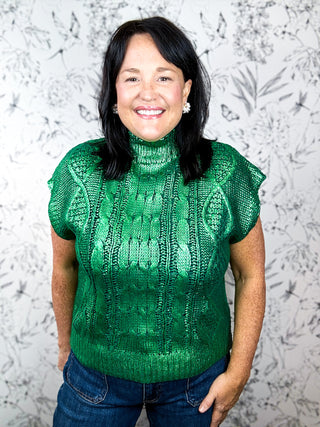 Gilded Cable Knit Mock Neck, evergreen metallic, cap sleeve, Holiday, ENTRO