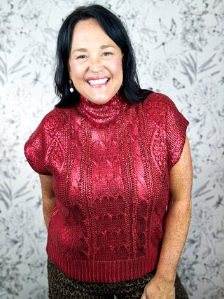 Gilded Cable Mock Neck Ruby Red, cap sleeve, metallic, HOLIDAY, ENTRO