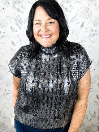 Gilded Cable Knit Mock Neck in Metallic Charcoal, cap sleeves, ENTRO HOLIDAY