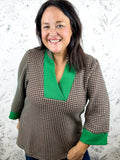 green, brown, ivory microcheck, 70's inspired blouse VOY