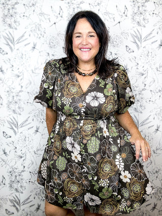 Harvest Hues Mini dress, brown and green floral pintuck, puff sleeve, ENTRO