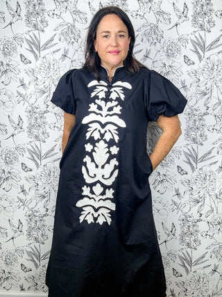 Black midi dress, white block print detail, mandarin collar with eyelet detail JODIFL