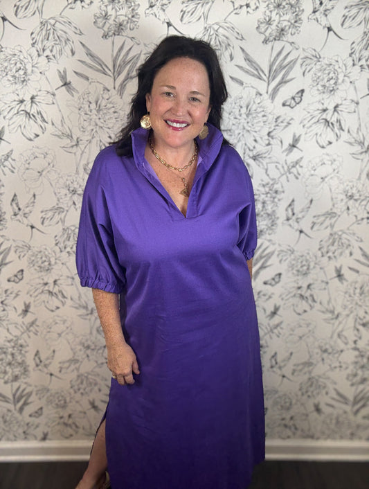 Purple cotton spandex midi dress GAME DAY ADRIENNE