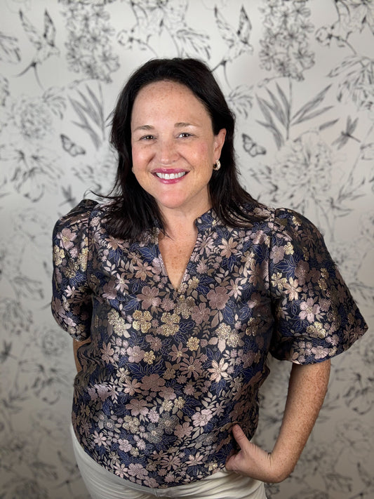 Jacquard navy floral top VOY